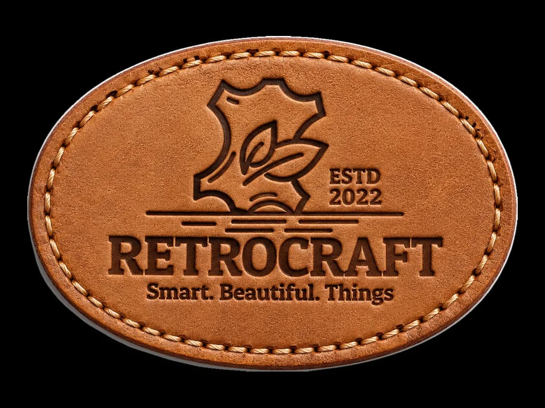 Mock-up of a leather patch with the RetroCraft logo pressed into the grain
