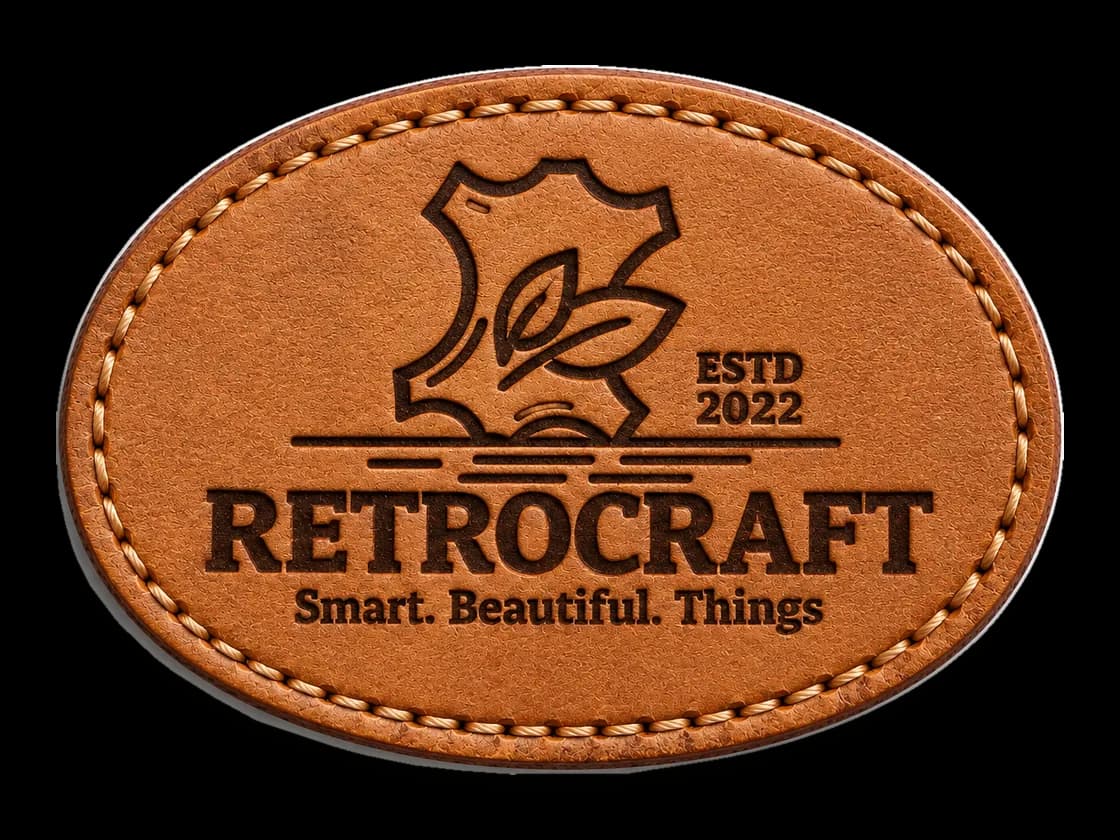 Mock-up of a leather patch with the RetroCraft logo laser-engraved into the surface