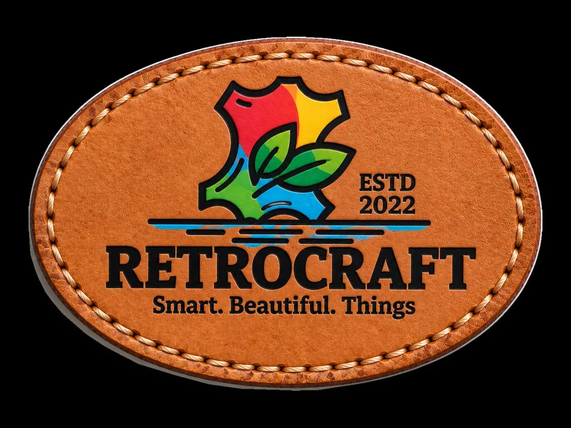 Mock-up of a leather patch with the RetroCraft logo printed in full colour