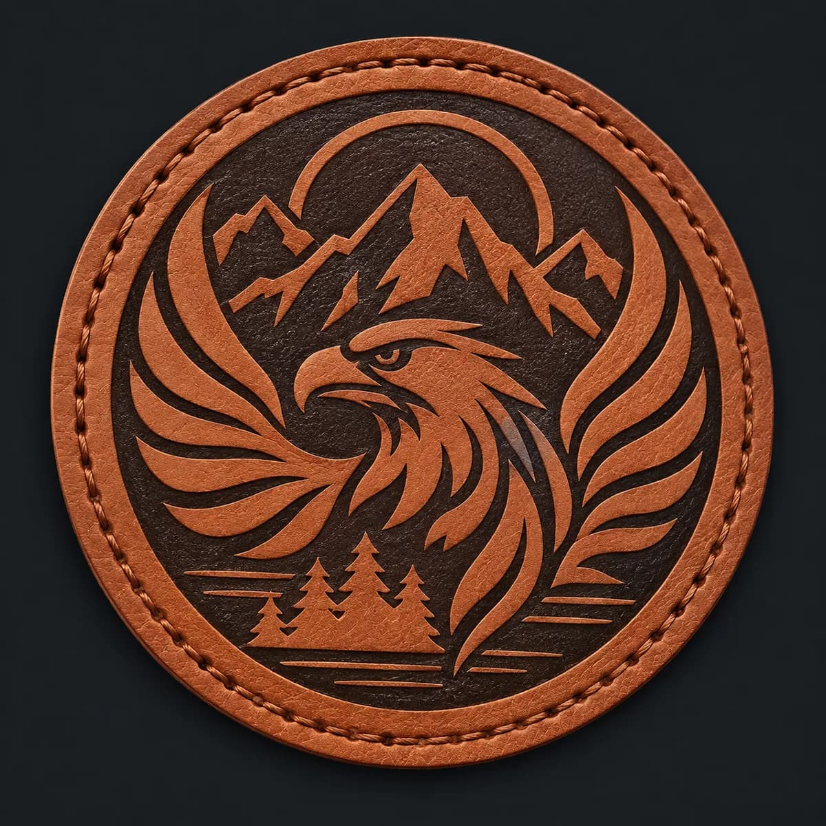 A round leather patch laser-engraved with a mountain and eagle design