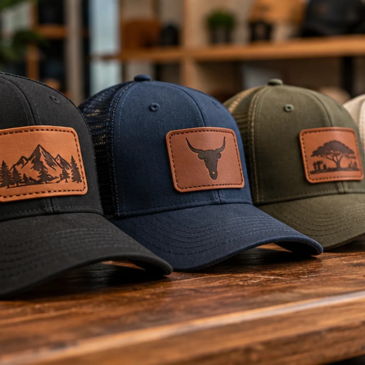 A row of finished caps with engraved leather patches