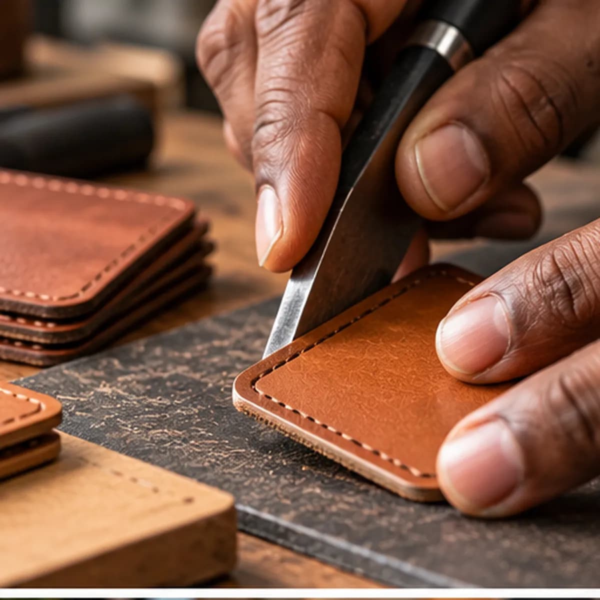 Trimming the edge of a leather patch by hand