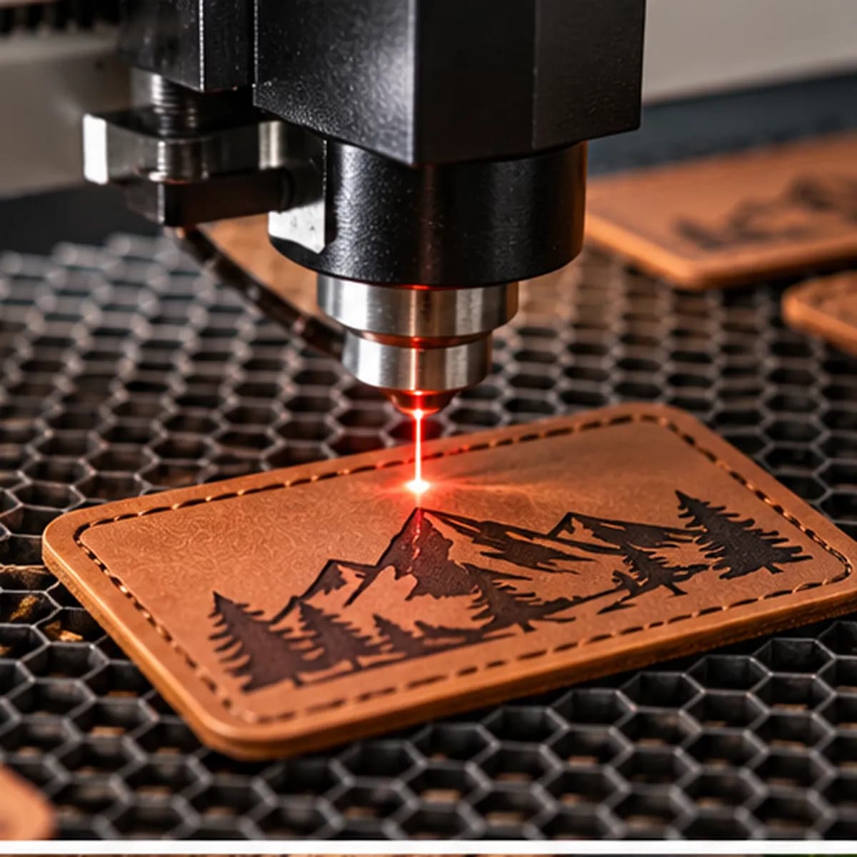 A logo being laser-engraved into a leather patch